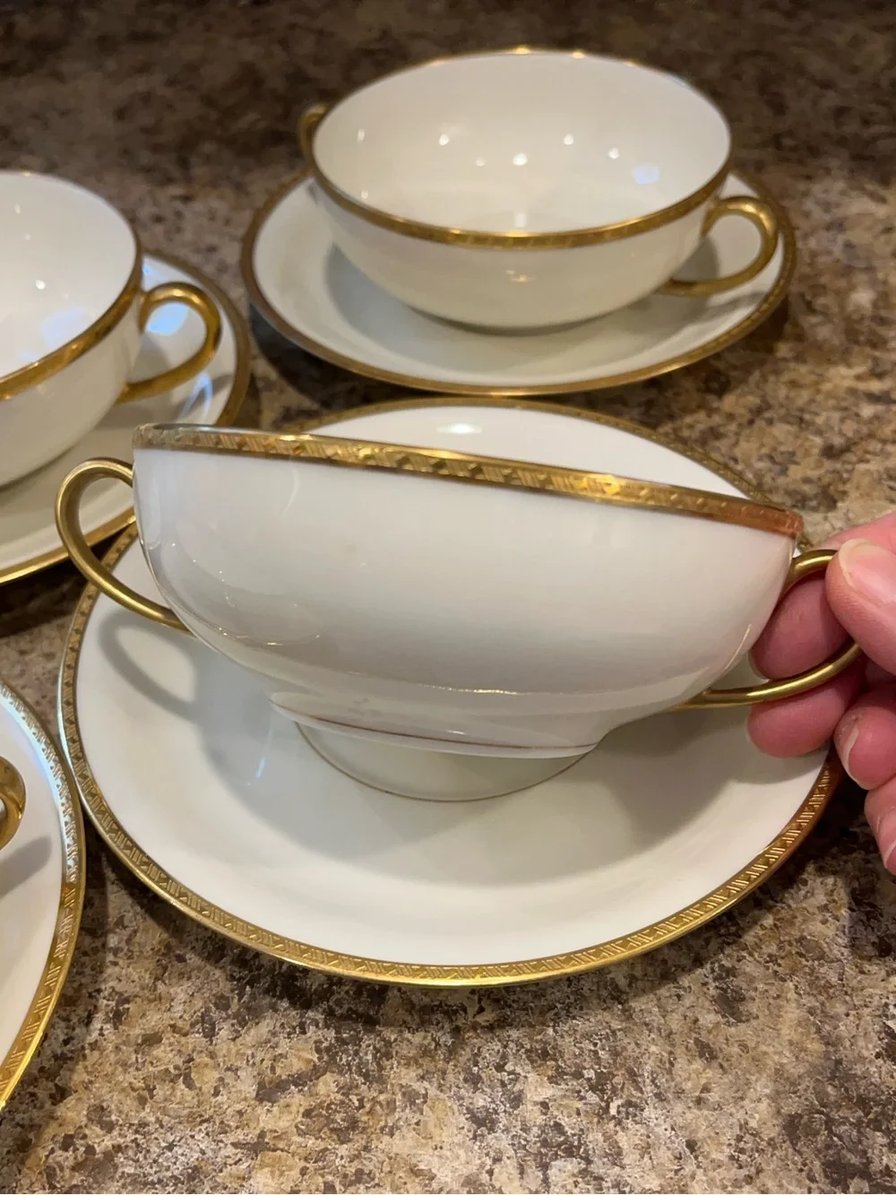 Black Knight Cream and Gold Trimmed Double-Handled Soup Cups with Saucers